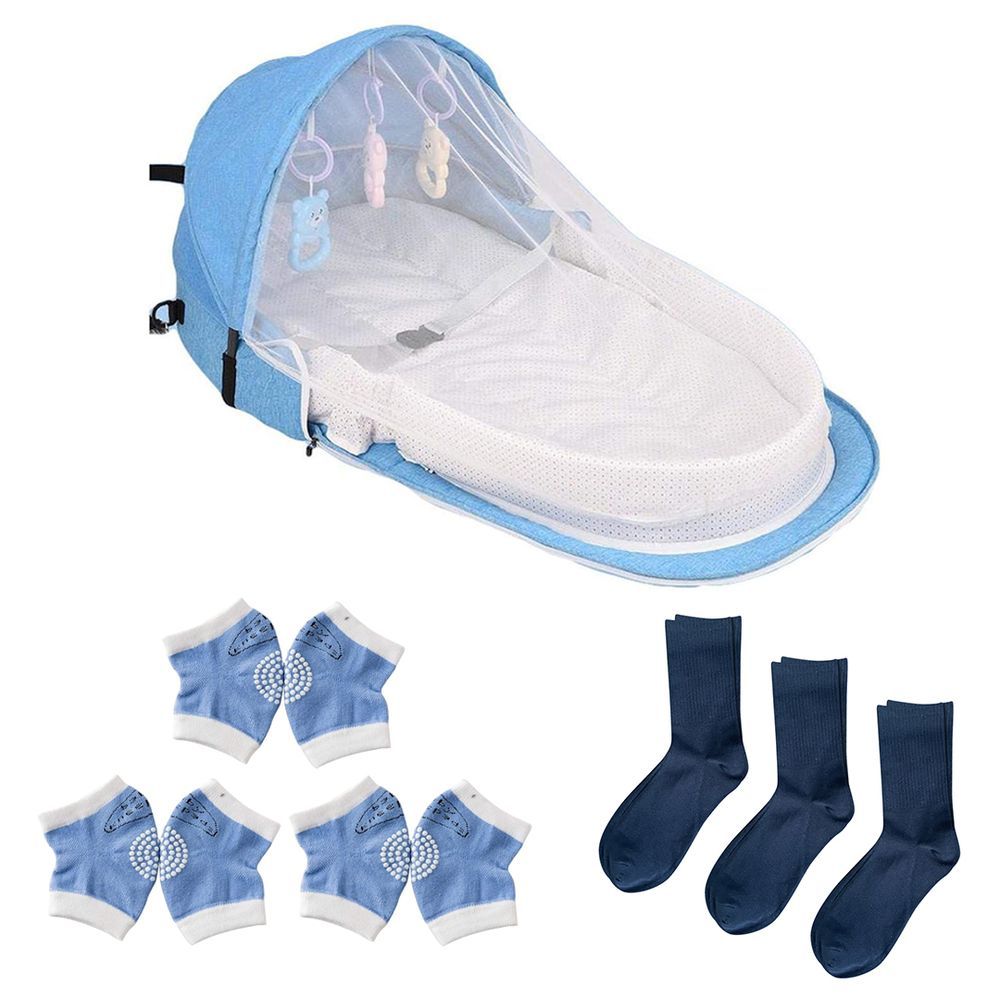 Star Babies - Mosquito Net Baby Bed w/ Kids Socks 3pcs & Baby Knee Pad 3pcs - Blue