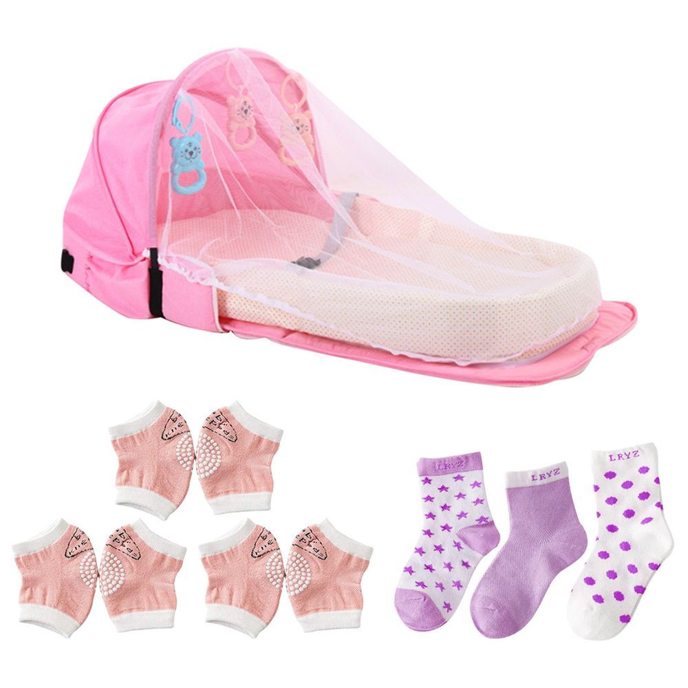 Star Babies - Mosquito Net Baby Bed w/ Kids Socks 3pcs & Baby Knee Pad 3pcs - Pink