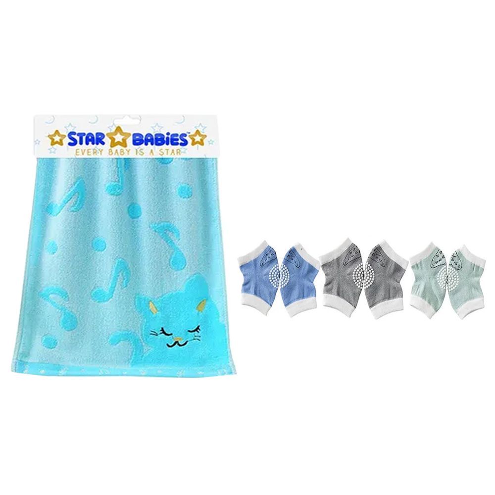 Star Babies - Boys Anti-Slip Crawling Kneepads 3pc w/ Bamboo Towel - Blue