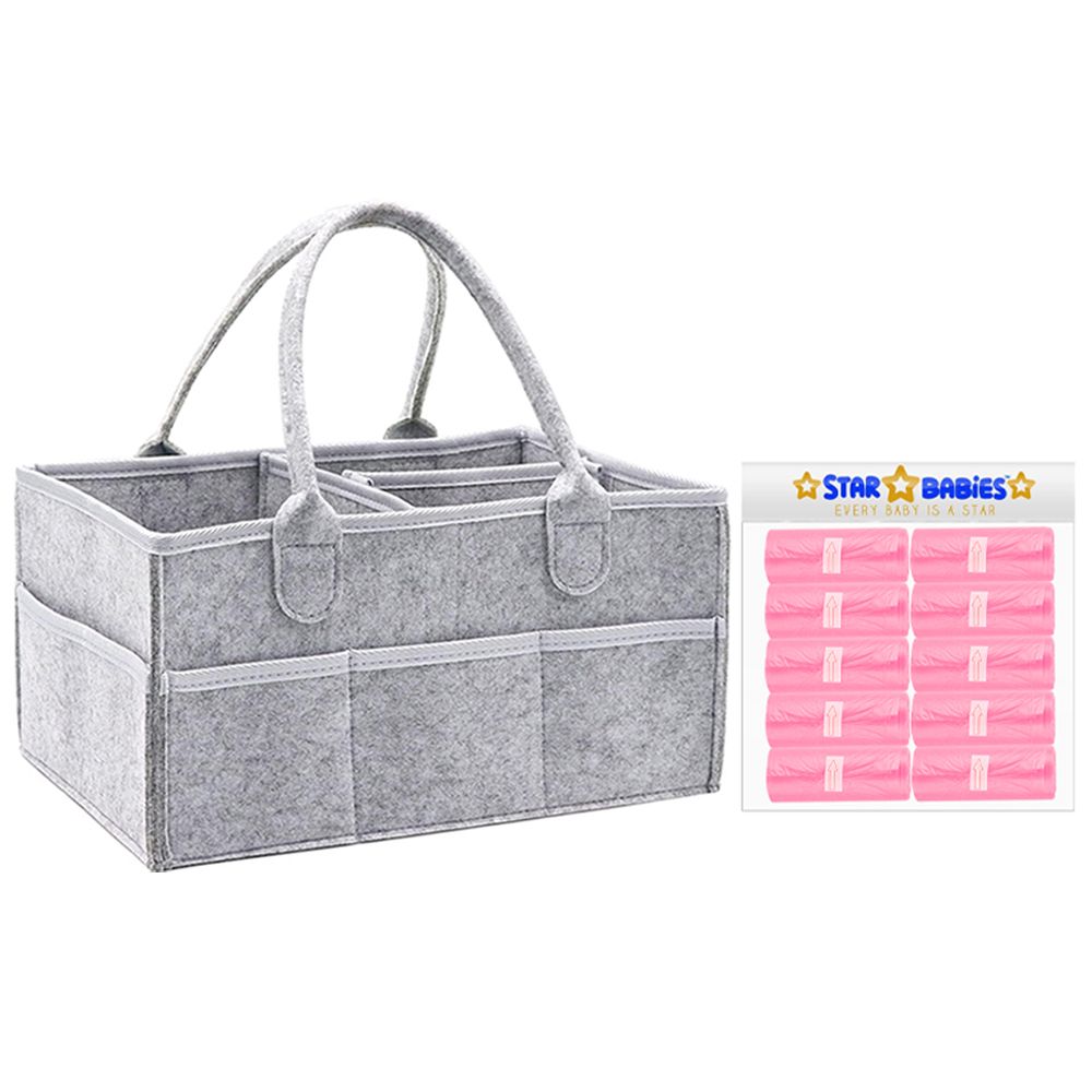 Star Babies - Baby Diaper Caddy & Scented Bag Roll Set - Grey/Pink - 11 Pcs