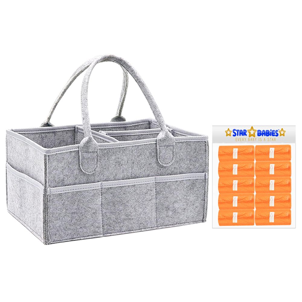 Star Babies - Baby Diaper Caddy & Scented Bag Roll Set - Grey/Orange - 11 Pcs