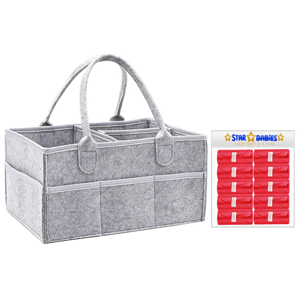 Star Babies - Baby Diaper Caddy & Scented Bag Roll Set - Grey/Red - 11 Pcs