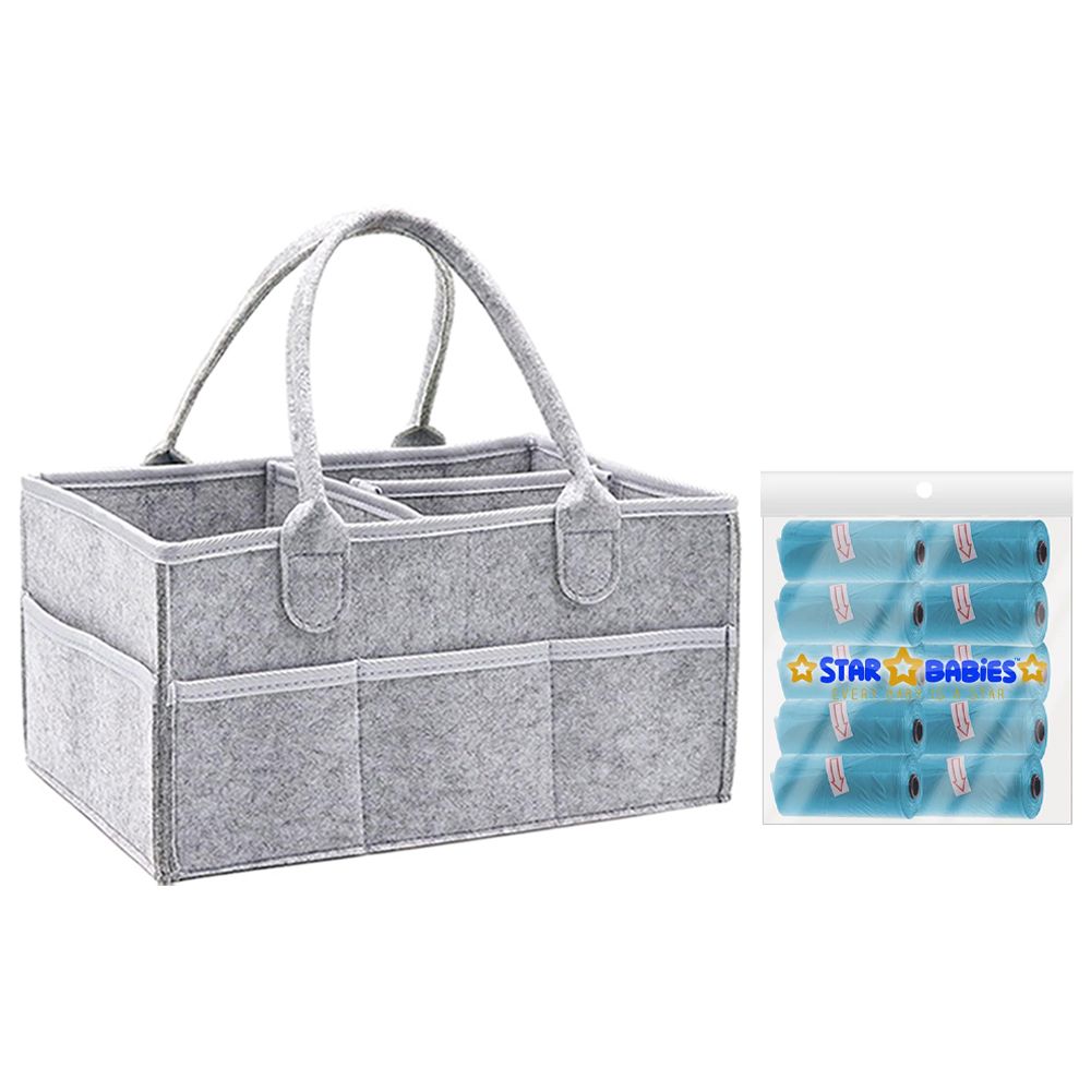 Star Babies - Baby Diaper Caddy With Disposable Scented Bag 150Pcs Combo Pack - Grey/Blue