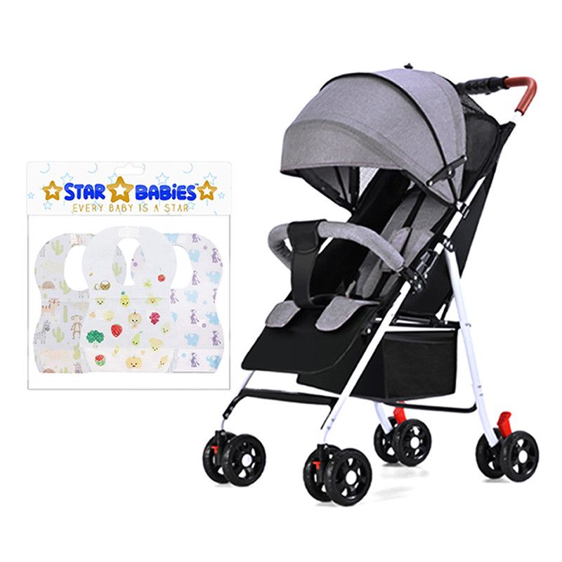 Star Babies - Lightweight Compact Fold Stroller With Free 25-Pc Disposable Bibs - Grey