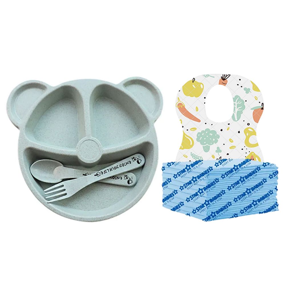 Star Babies - Organic Plate & Utensils With 10pc Disposable Bibs & 10pc Disposable Changing Mat - Blue