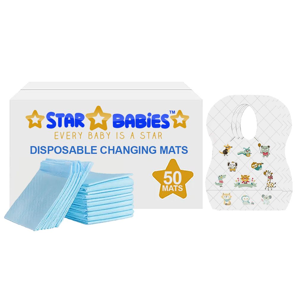 Star Babies - 50Pcs Disposable Changing Pads With 40pcs Baby Disposable Bibs Combo Pack - Blue