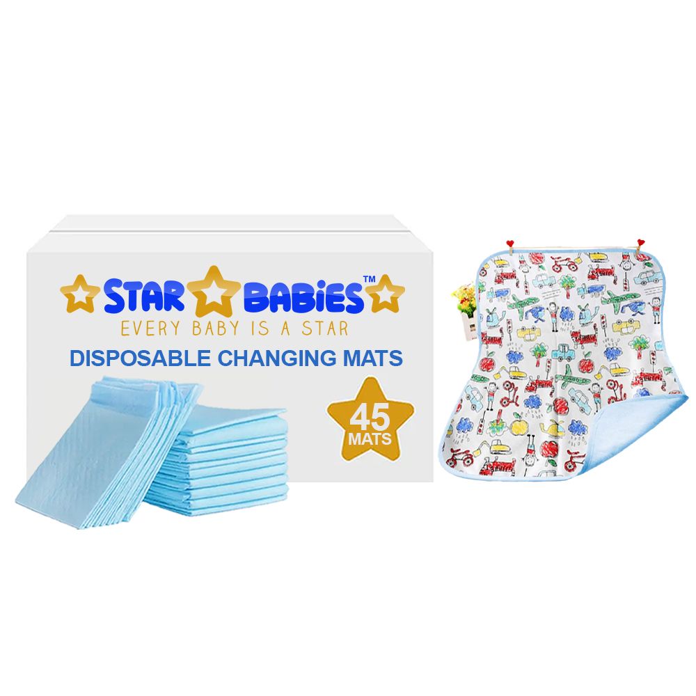 Star Babies - 45Pcs Disposable Changing Pads With Reusable Waterproof Changing Mat - Blue