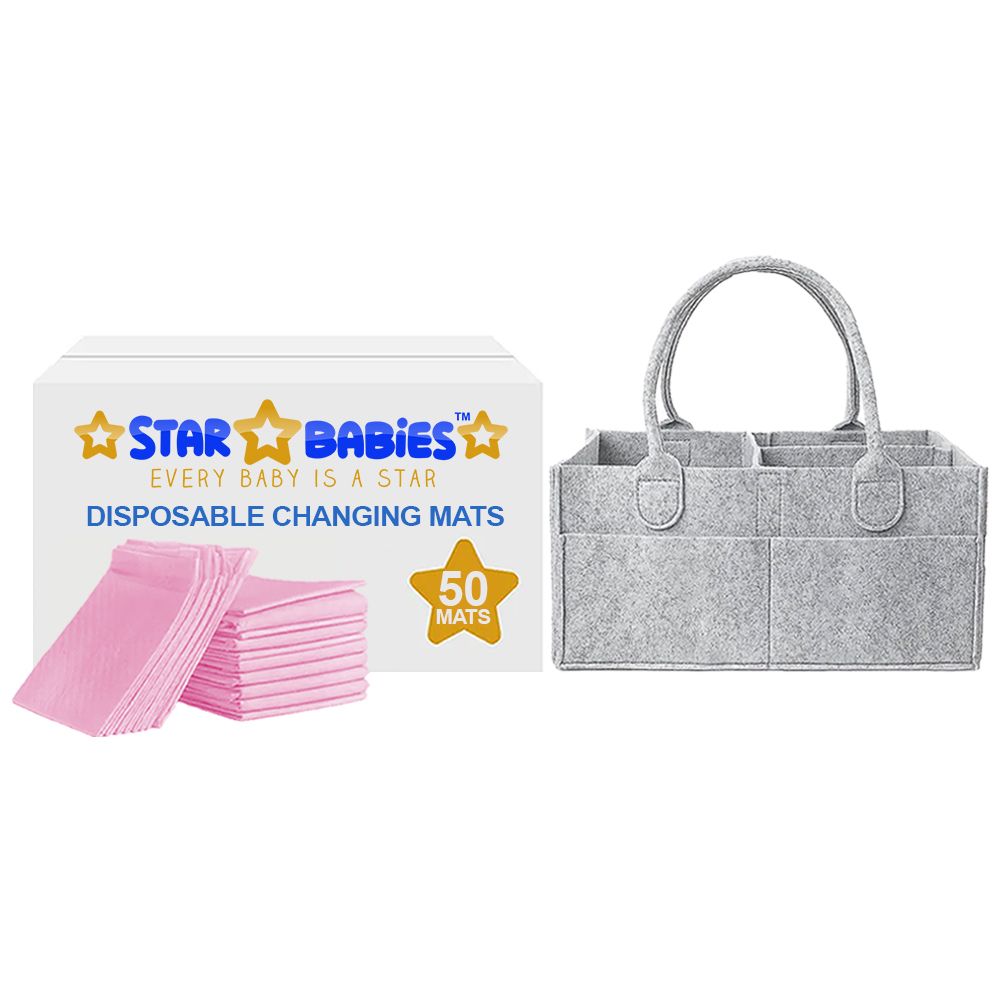 Star Babies - Disposable Changing Pads With Baby Diaper Caddy Organizer 50Pcs - Pink Grey