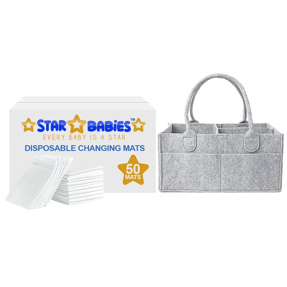 Star Babies - Disposable Changing Pads With Baby Diaper Caddy Organizer 50Pcs - White Grey