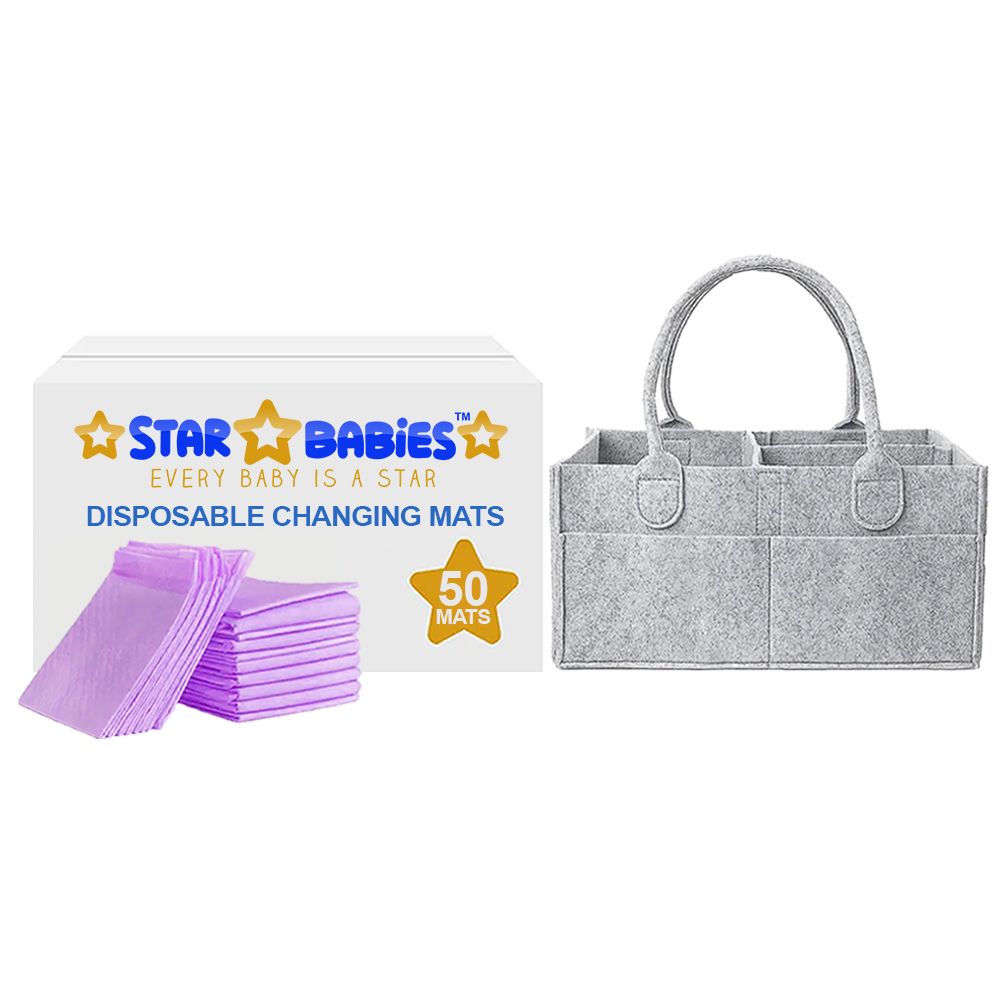 Star Babies - Disposable Changing Pads With Baby Diaper Caddy Organizer 50Pcs - Lavender Grey