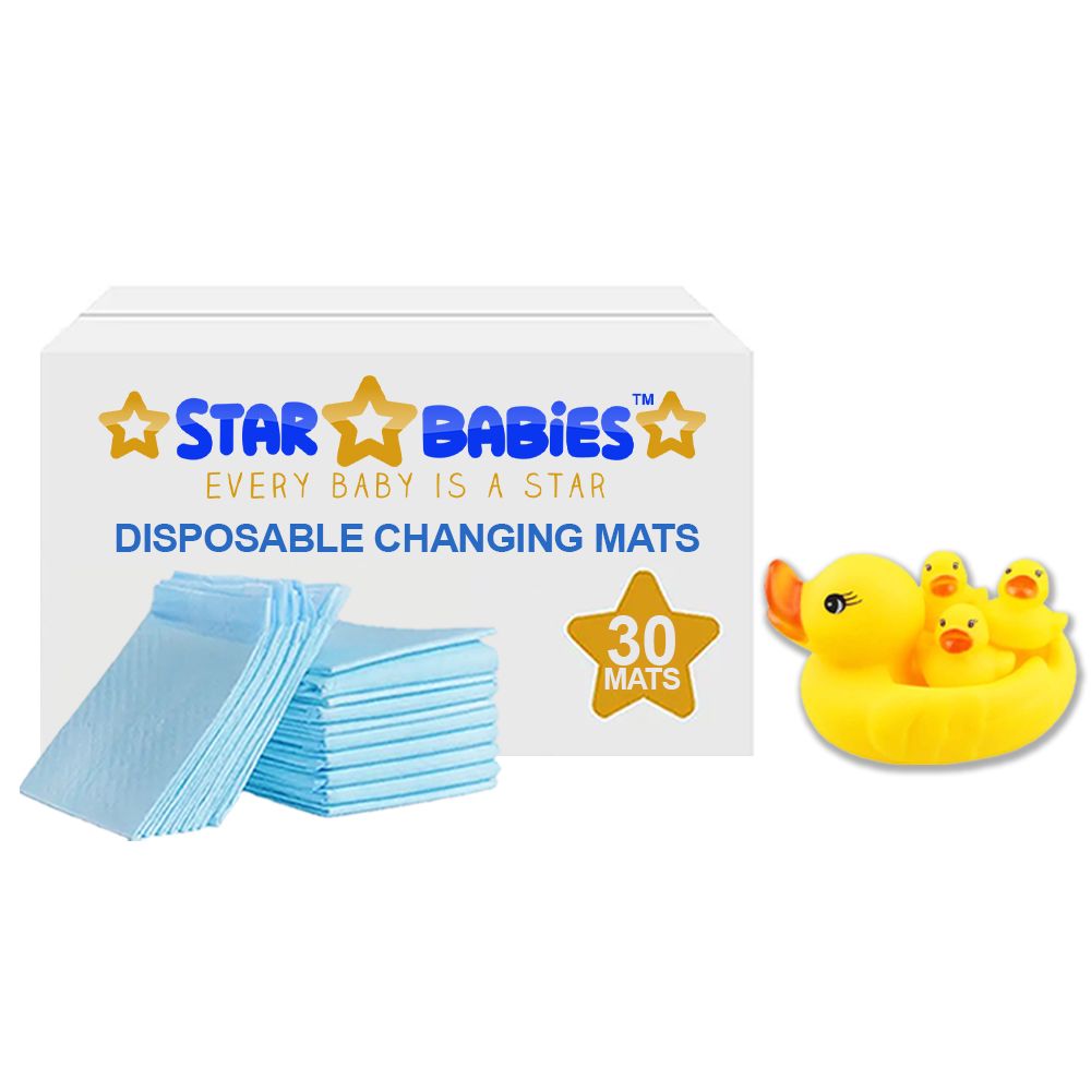 Star Babies - 30Pcs Disposable Changing Pads With Toy Rubber Duck Set - Blue/Yellow