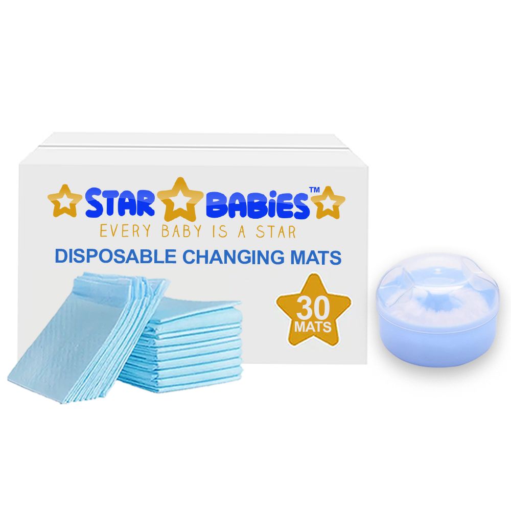 Star Babies - Disposable Changing Pads With Kids Powder Puff And Container Case 30Pcs - Blue