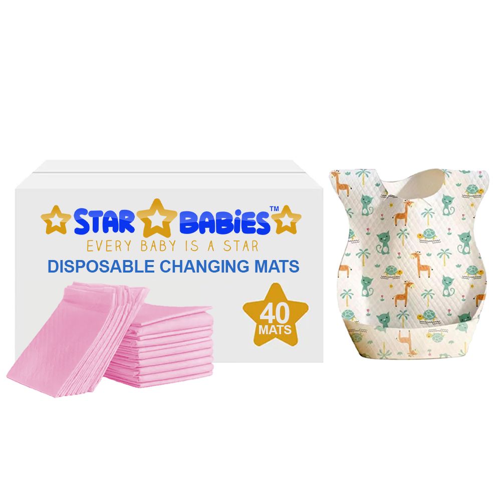 Star Babies - Disposable Changing Pads With Kids Disposable Paper Bibs With Catcher 60Pc Set - Pink