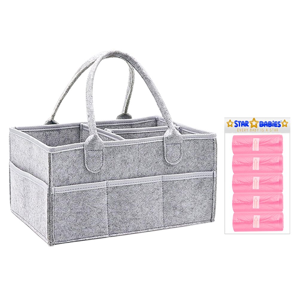 Star Babies - Baby Diaper Caddy & Scented Bag Roll Set - Grey/Pink - 6 Pcs