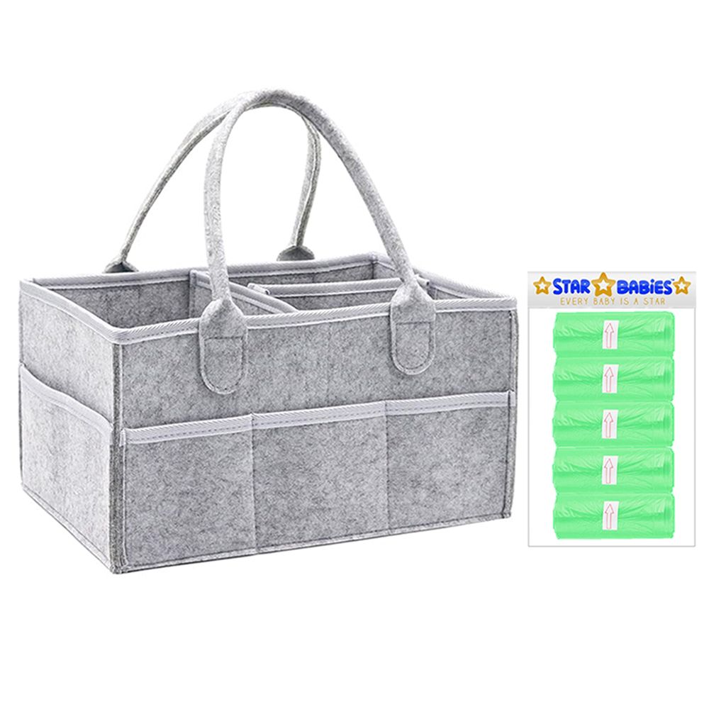 Star Babies - Baby Diaper Caddy & Scented Bag Roll Set - Grey/Green - 6 Pcs