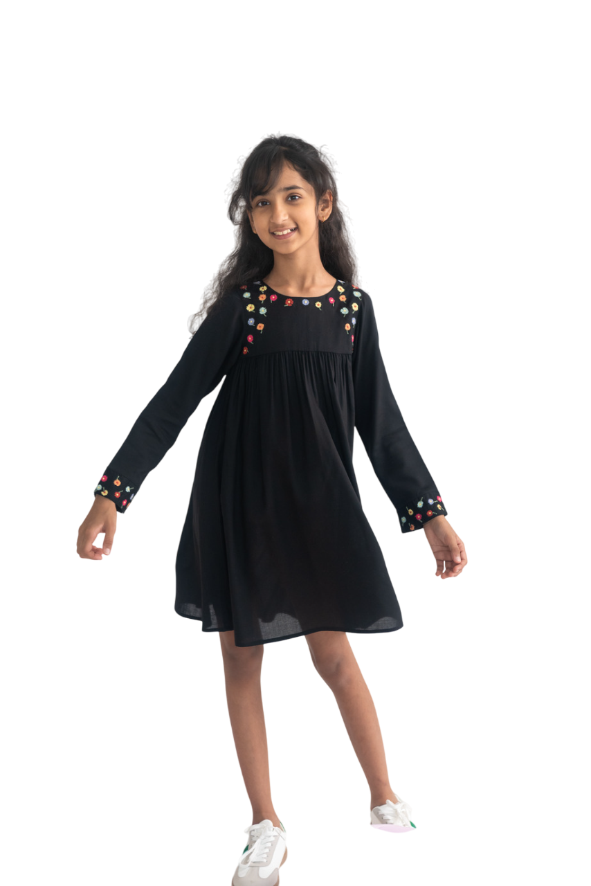 A Little Fable - Girl's Mini Ebony Fleur Dress - Black