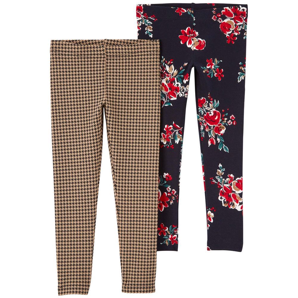 Carters - 2pc-Set - Floral & Plaid Leggings - Beige/Black