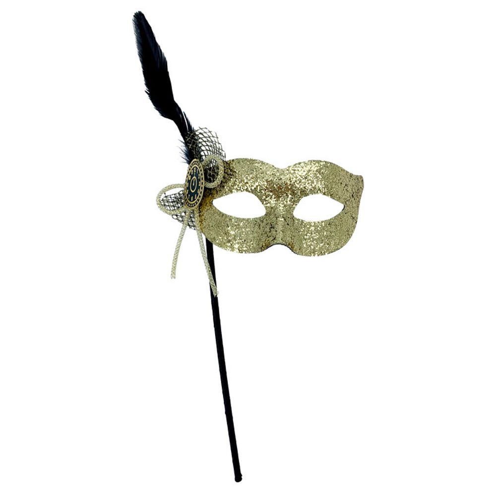 Party Magic - Glittered Eye Mask W/ Feather & Stick - Gold