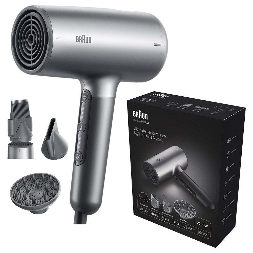 Braun - Hair Dryer With 3 Attachments HD4.3 - Electro Grey