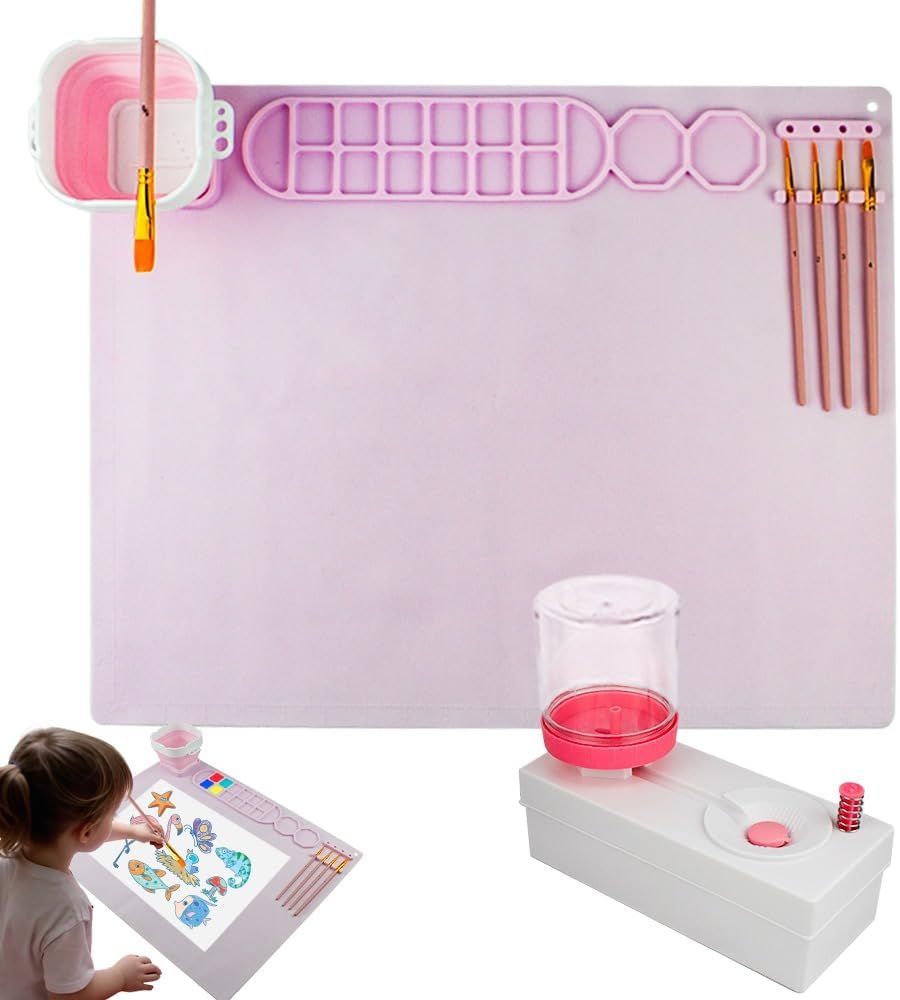 UKR - Silicone Painting Mat W/ Foldable Cup & Paintbrushes - Pink