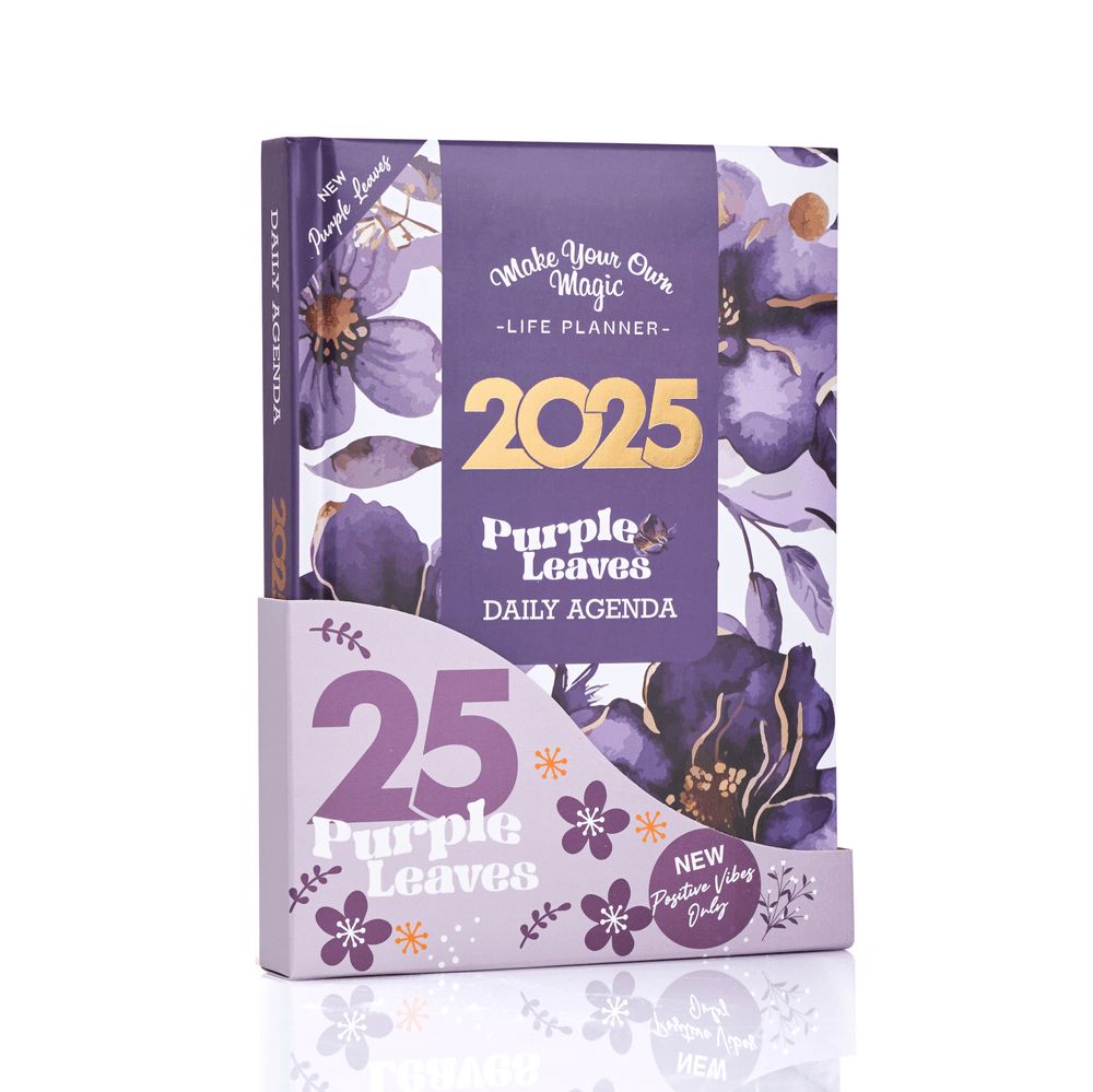 Mofkera - A5 Daily Agenda 2025 Gift Set - Purple Leaves - 3 Pcs