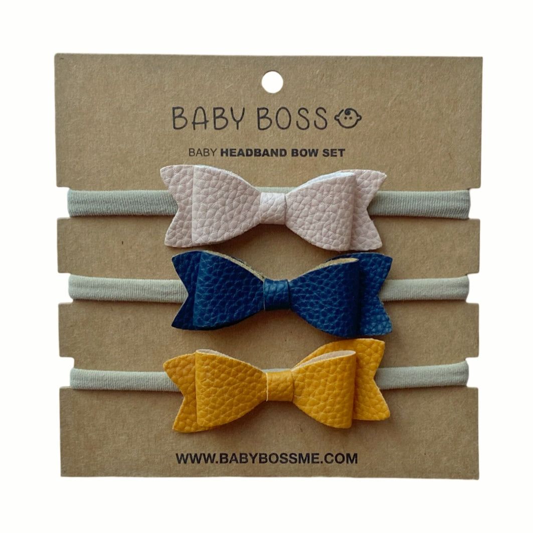 Baby Boss - Baby Headband Bow Set - Beige/Blue/Yellow - 3 Pcs