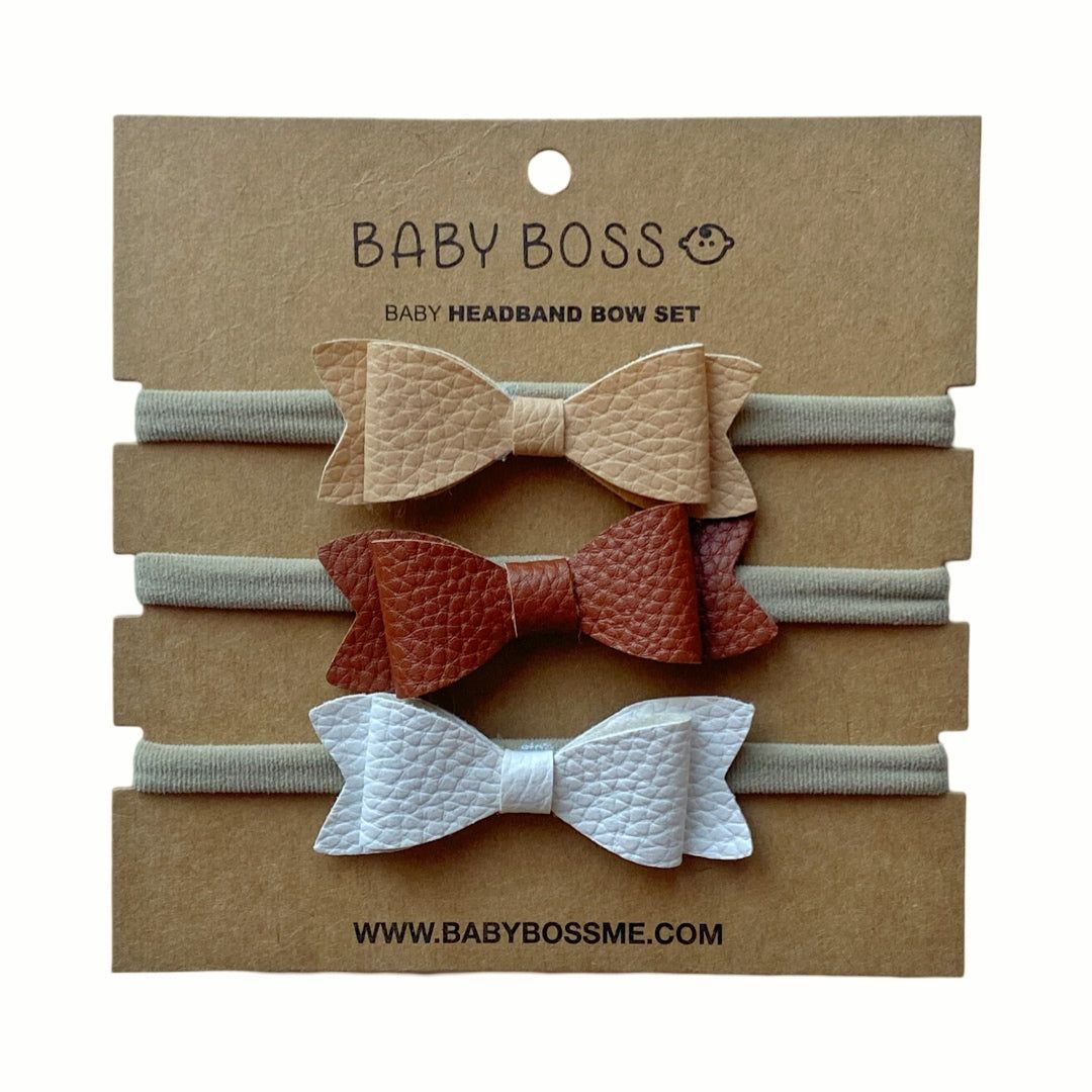 Baby Boss - Baby Headband Bow Set - Beige/Brown/White - 3 Pcs