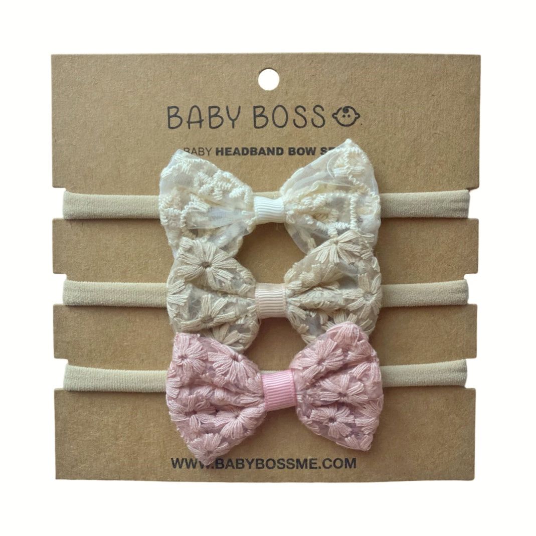 Baby Boss - Baby Flower Headband Bow Set - White/Beige/Pink - 3 Pcs