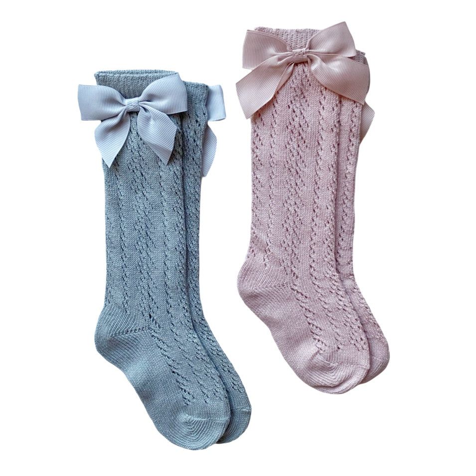 Baby Boss - 2pc-Set - Knee High Cotton Bow Socks - Grey/Pink