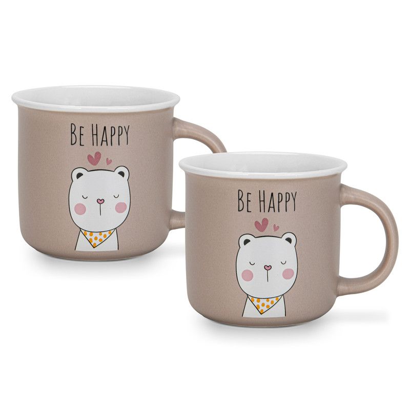 Fissman - Be Happy Printed Coffee Mug Set - 380 ml - Pack of 2