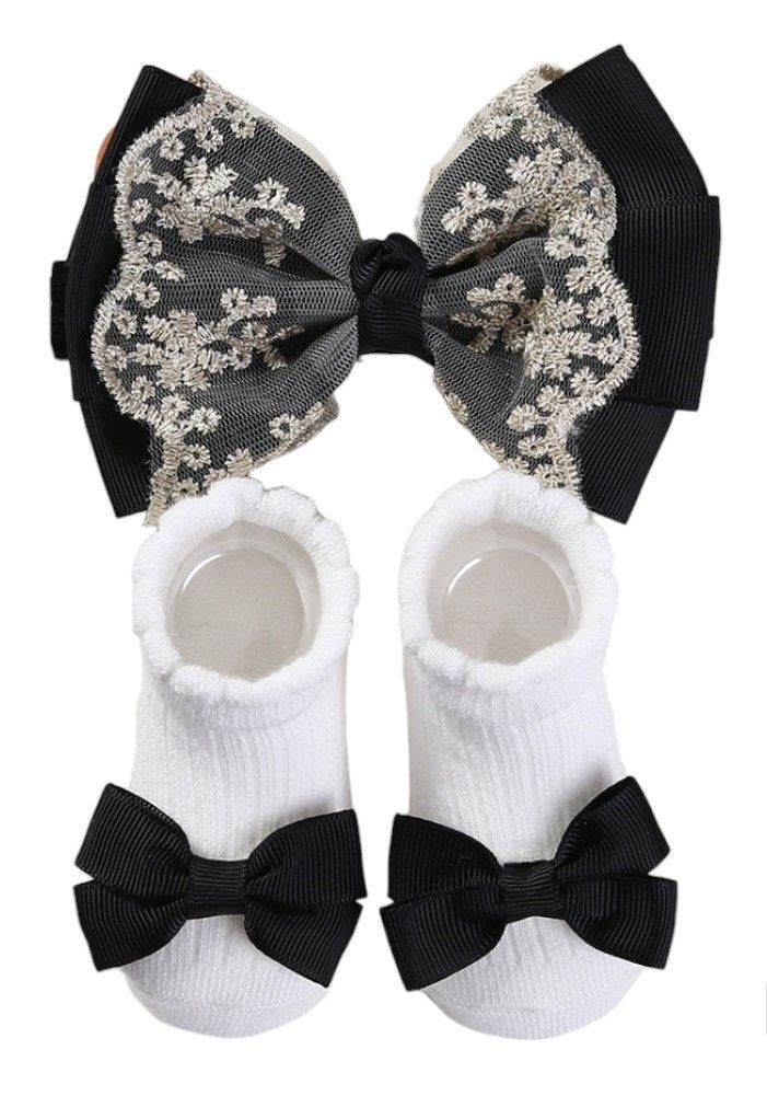 Bambimici - Aaliyah Socks & Cute Ribbon Big Bow Headband Set - Black