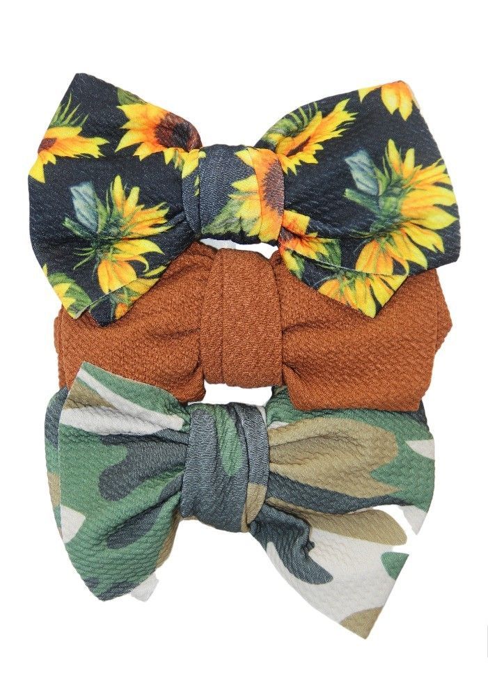 Bambimici - Mira Big Ribbon Bow Headband for Babies - Sunflower/Army Print - 3 Pcs