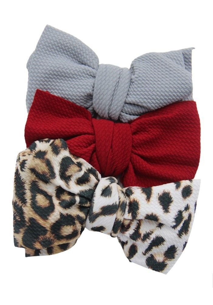 Bambimici - Mira Big Ribbon Bow Headband For Babies - Leopard/Grey/Red - 3 Pcs