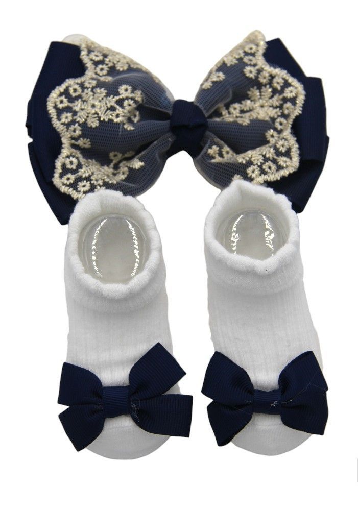 Bambimici - Aaliyah Socks And Ribbon Big Bow Headband Set - Navy Blue