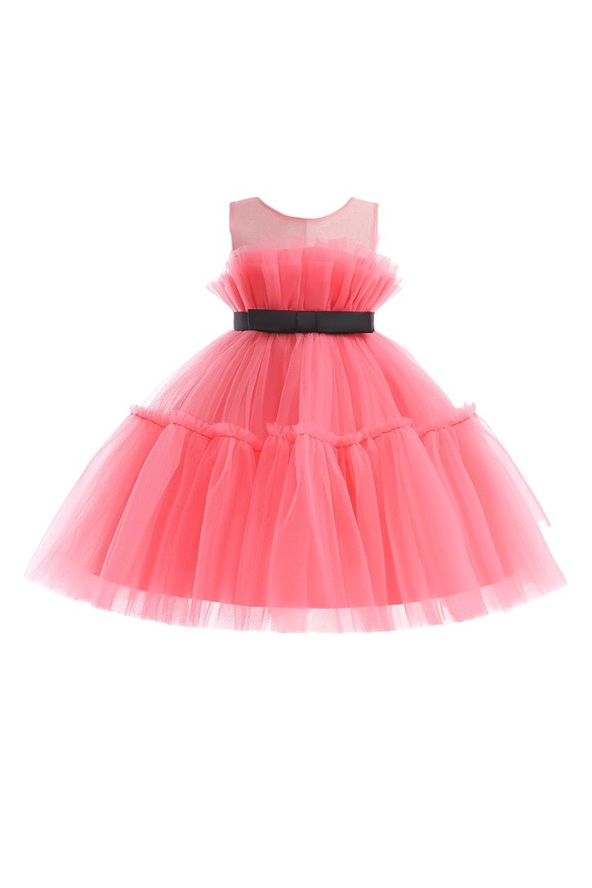 D' Daniela - Girls' Bow Detail Ruffle Hem Mesh Gown Dress - Pink