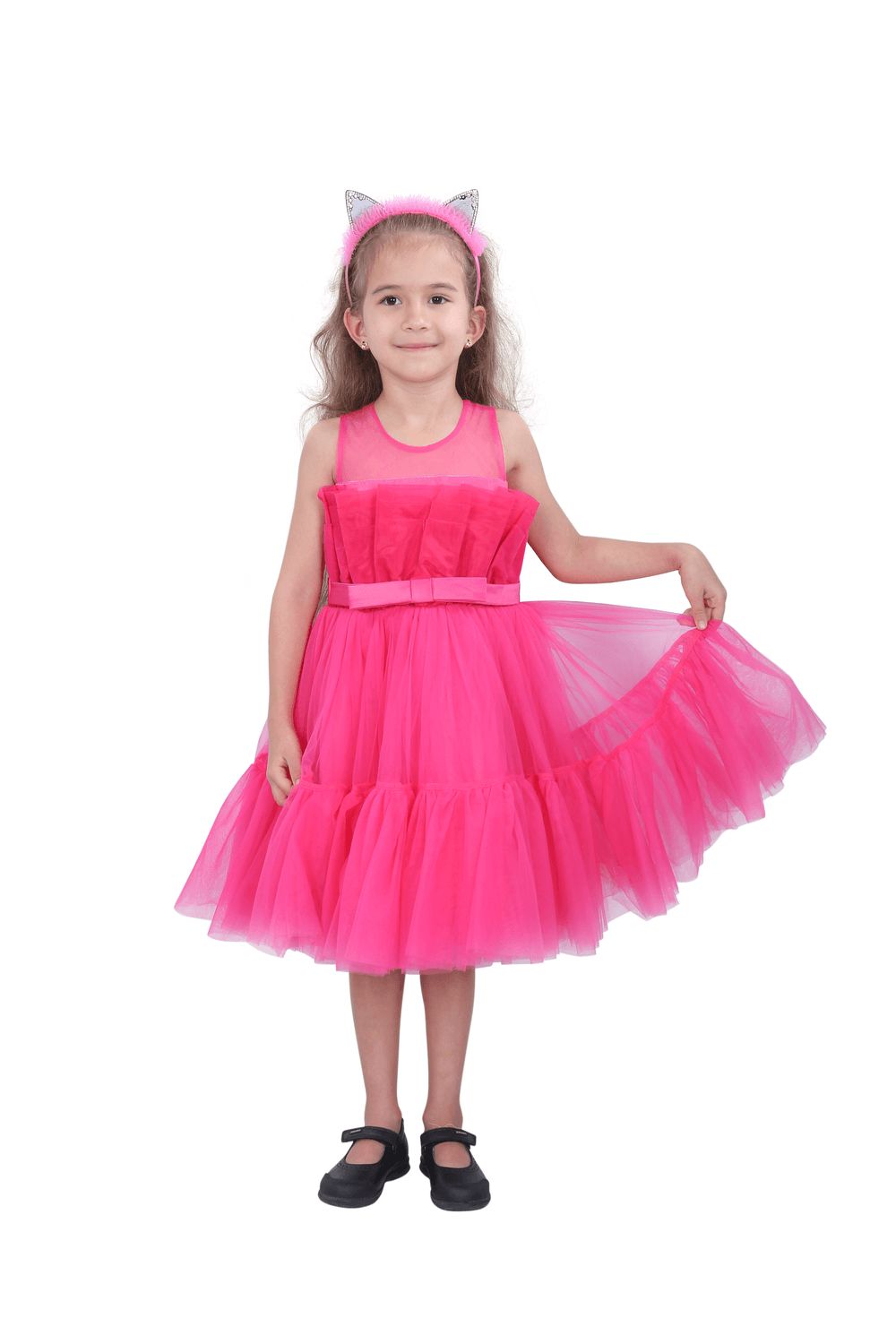 D' Daniela - Girl's Bow Front Ruffle Hem Mesh Gown Dress - Baby Pink