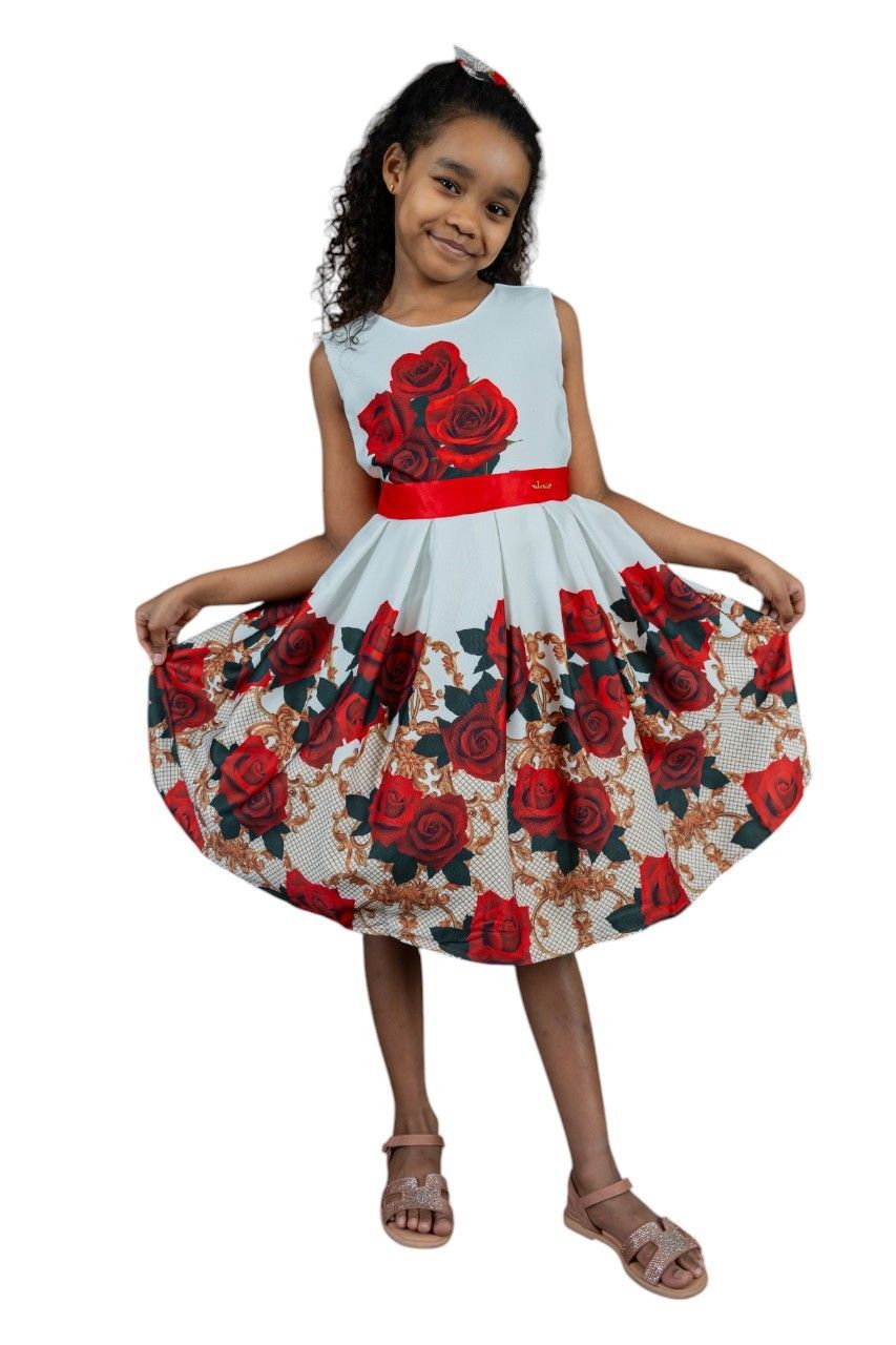 D' Daniela - 2pc-Set - Enchanted Roses Classic Flower Dress & Hair Clip - Red