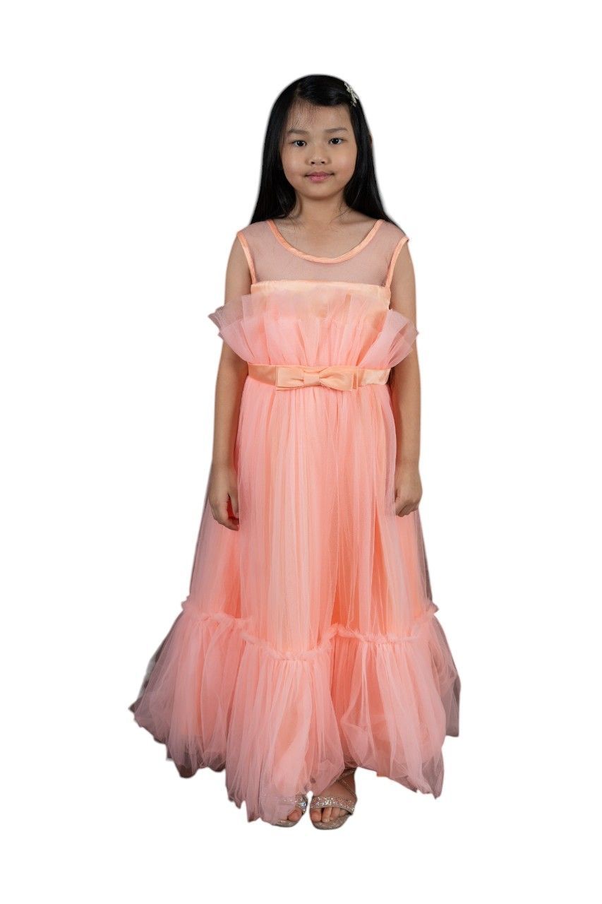 D' Daniela - Bow Detail Tulle Dress With Belt - Peach