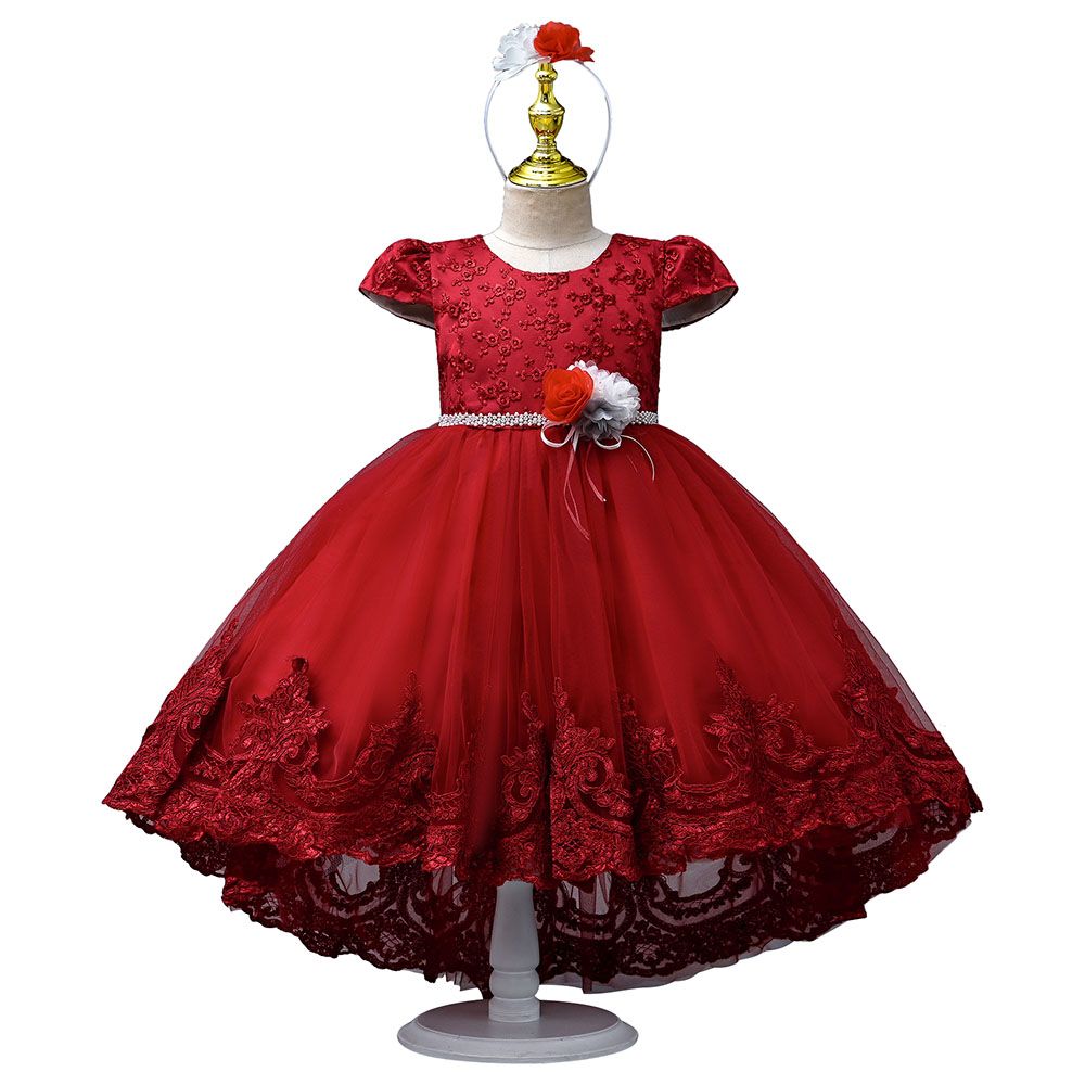 Ddaniela - Delia Flower Party Dress with Headband - Red