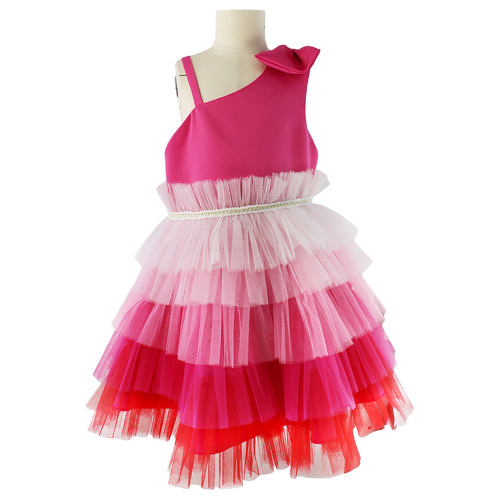 Ddaniela - Girls Bow Front Side Layered Dress - Dark Pink