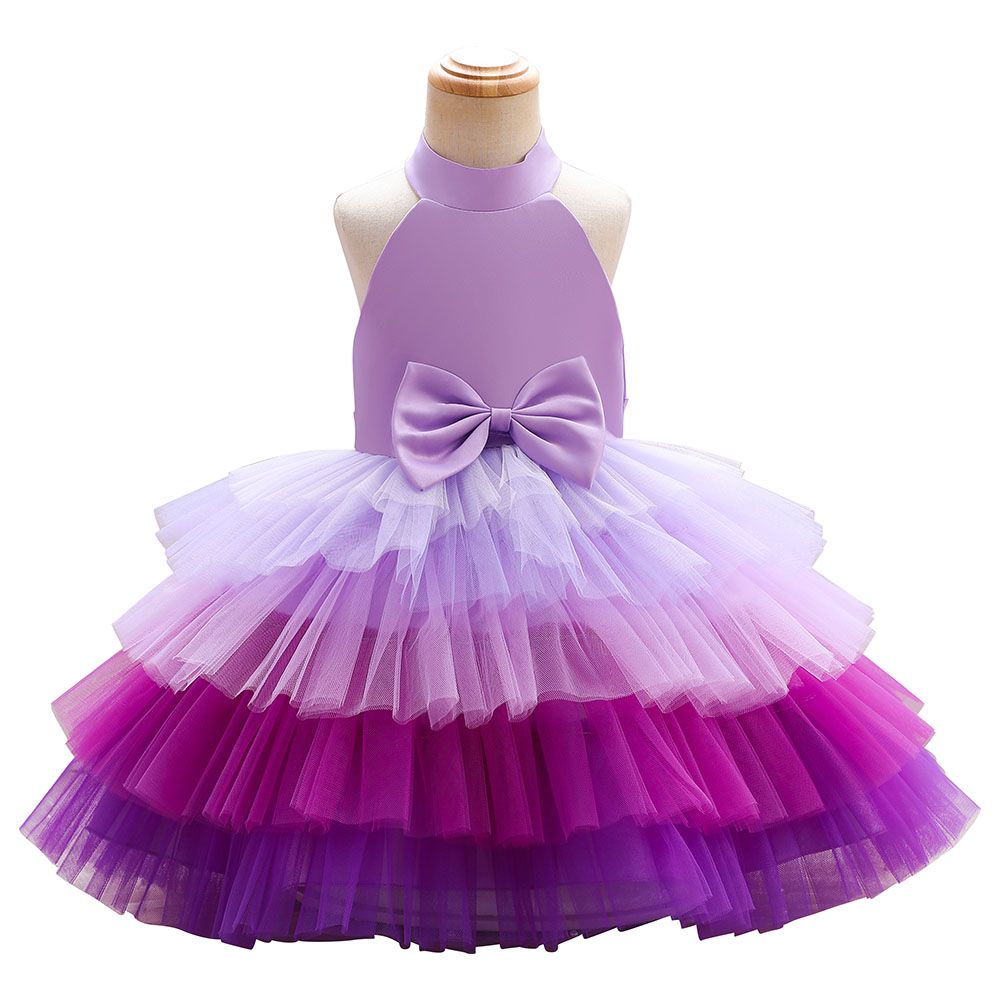 Ddaniela - Brisget Girls Bow Front Side Layered Dress - Purple