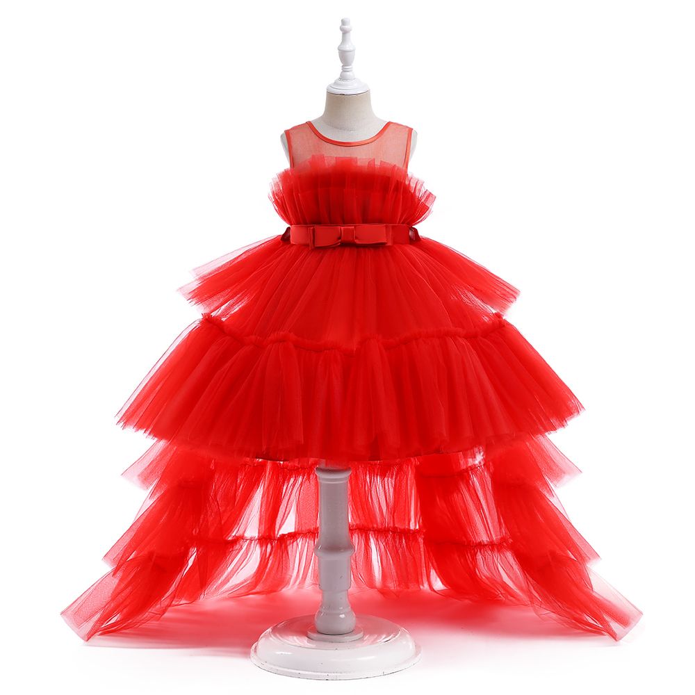 D' Daniela - Girl's Bow Front Ruffle Hem Mesh Gown Dress With Long Tail - Red