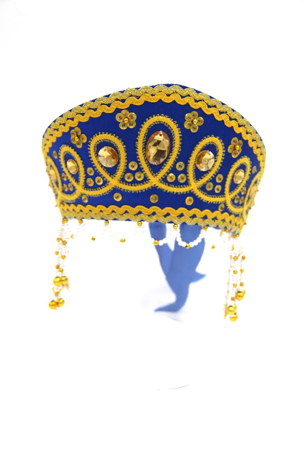 D' Daniela - Women's Traditional Headdress Kokoshnik - Blue W/ Gold Beads