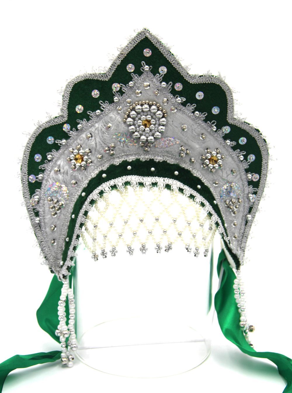 D' Daniela - Women's Traditional Headdress Kokoshnik - Green and White W/ Silver Stones