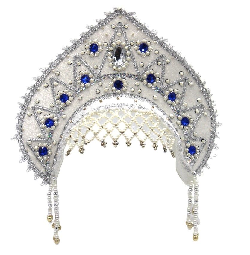 D' Daniela - Women's Traditional Headdress Kokoshnik - White With Blue & White Stones