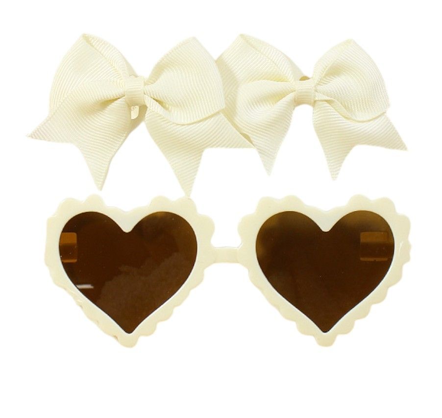 D' Daniela - Yasmin Heart Shaped Glasses & Bow Barrette Clip Set For Babies & Girls - Cream