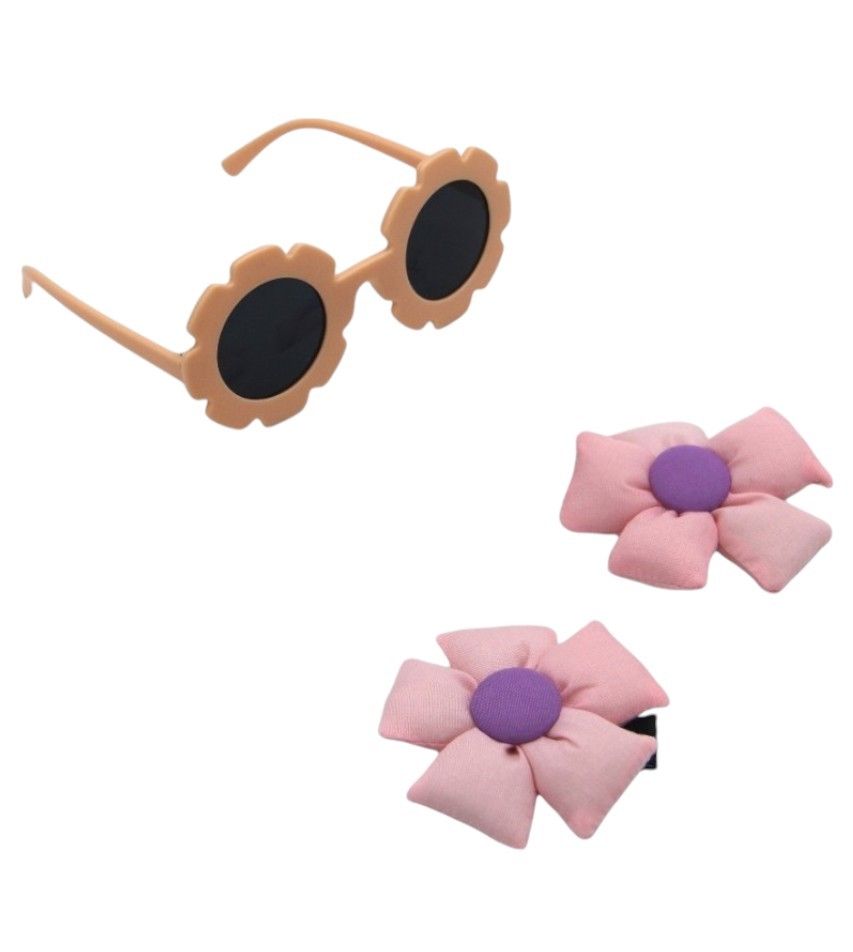 D' Daniela - Aida Glasses And Flower Shaped Clip Set - Baby Pink - 3 Pcs