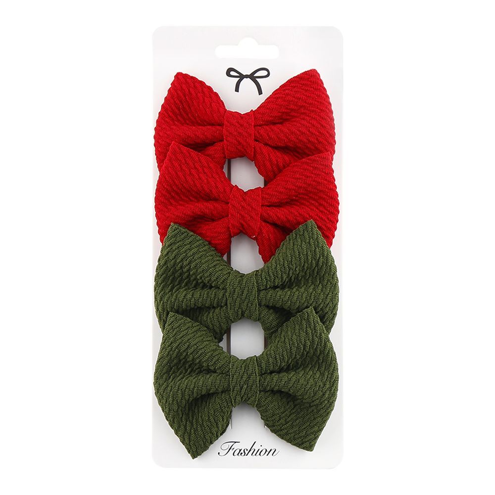 D' Daniela - Nisha Ribbon Bow Clip Set For Babies & Girls - Red & Olive Green