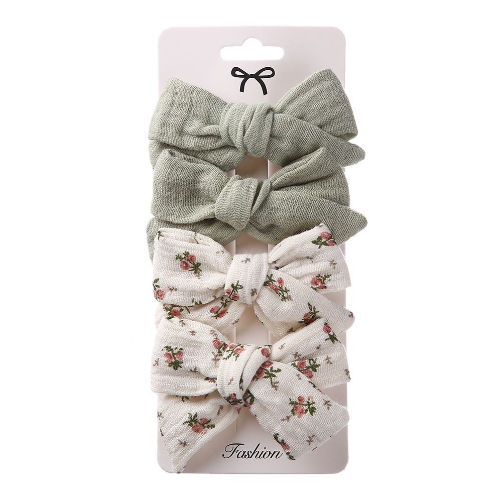 D' Daniela - Adella Ribbon Bow Clip Set For Babies & Girls - Olive Green & Off White