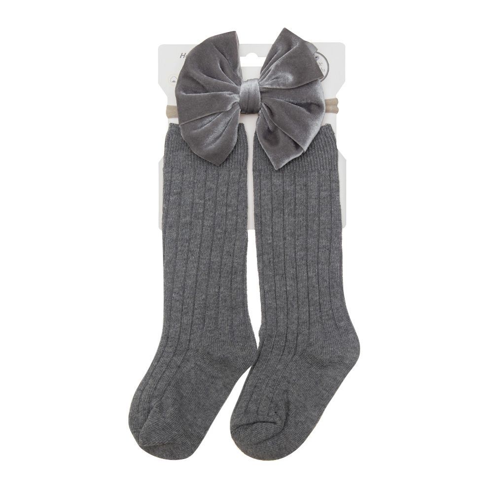 D' Daniela - Mikha Socks & Ribbon Bow Set For Babies & Girls - Grey